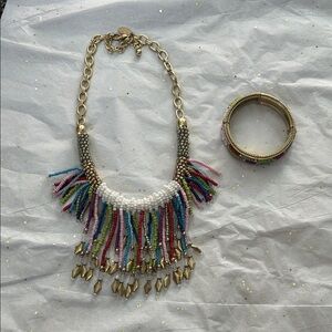 Chico’s Boho Multi-Color Beaded Fringe Necklace - White & Gold Accent